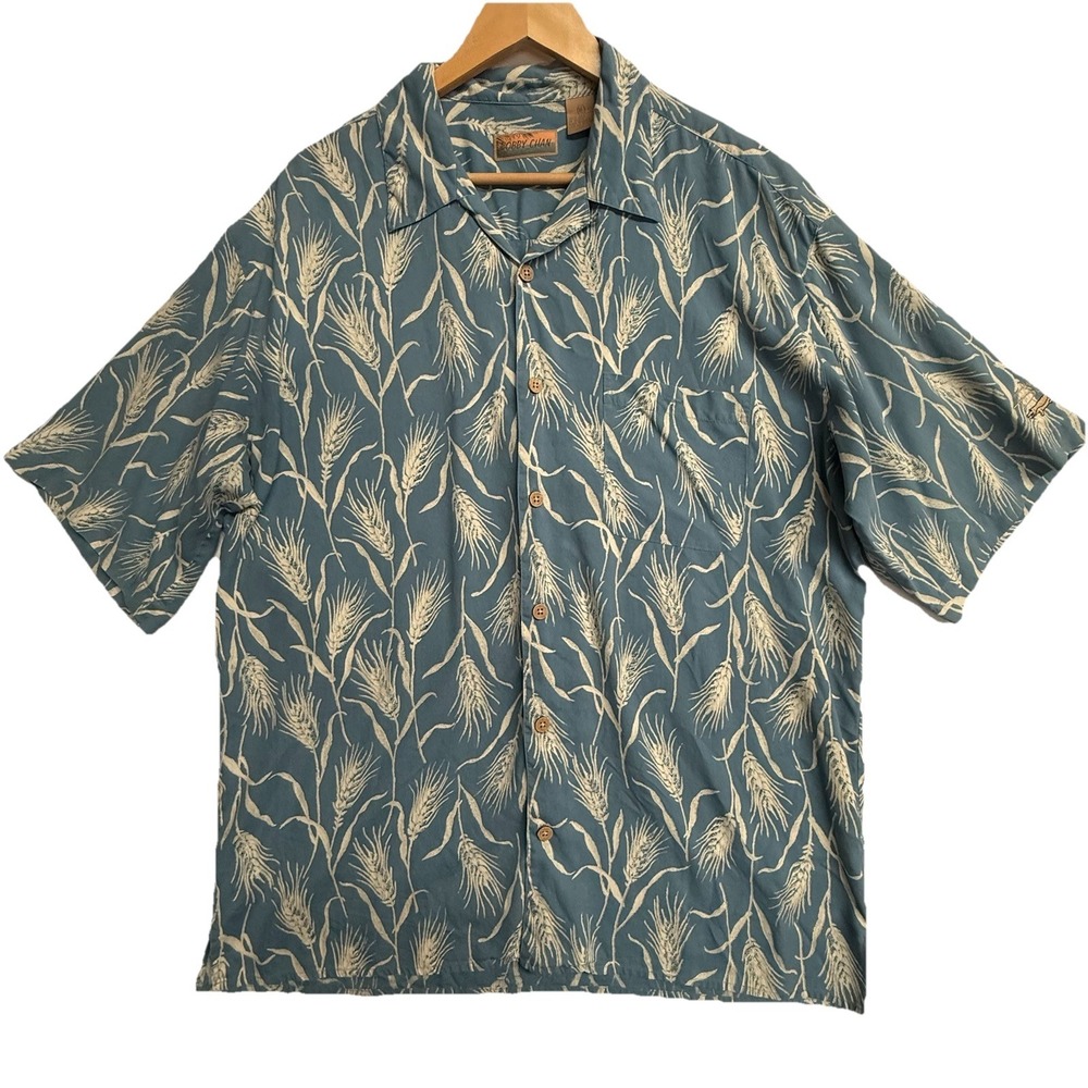 Bobby Chan Silk Hawaiian Shirt XL Blue Tropical Camp Beach Button Up